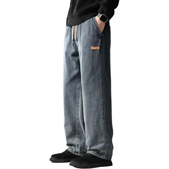 贵色 高端复古潮牌微弹休闲百搭印花设计感抗皱韩版修身直筒长裤牛仔裤 男女同款