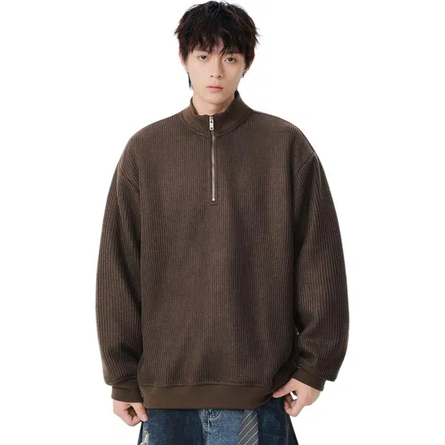 隐狼世家 针织男士春秋季套头拉链半开衫百搭日系复古纯色潮流情侣卫衣 男款