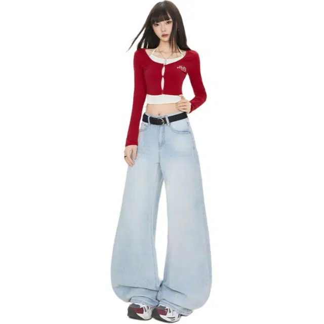 淑好百 美式慵懒宽松垂感拖地百搭牛仔裤 女款