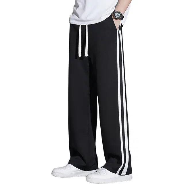 大格子与黑猫 秋季裤子男士直筒裤潮流宽松学生条纹美式运动长卫裤男装休闲裤 男款