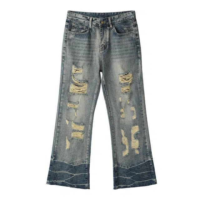 拓菲 水洗破洞秋季美式高街微喇裤牛仔裤 男女同款