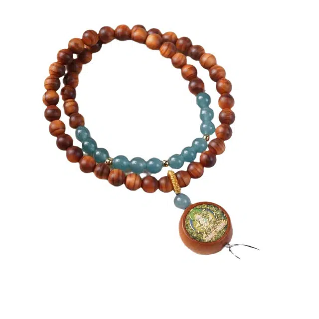 舞依翡 红油木作陈化双圈文玩珠串搭配檀木唐卡吊坠国潮文玩念珠手链#好运 崖柏 手串 女款