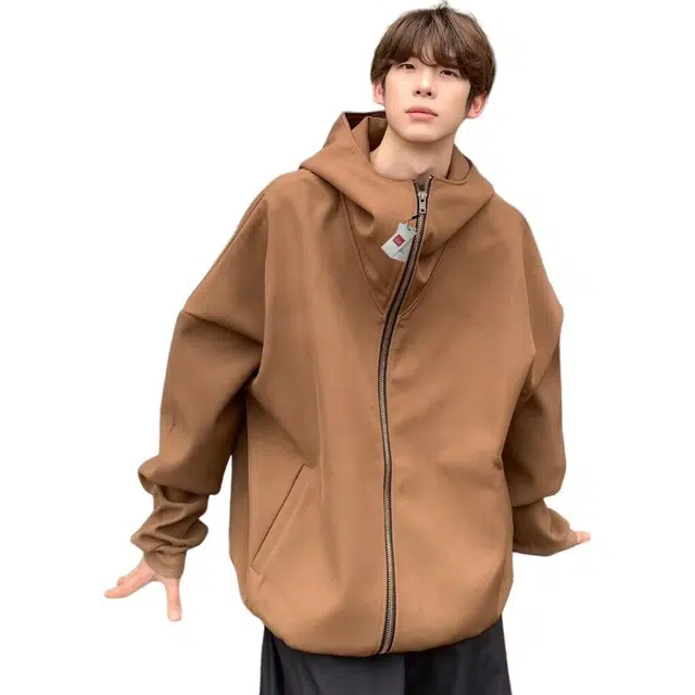 北极绒 春秋季复古小众阔版连帽夹克外套男运动休闲拉链复古小众阔版宽松型卫衣 男款