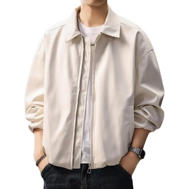 贵色 秋季 美式复古纯色简约风宽松廓形外套潮流时尚百搭立体裁剪设计翻领休闲皮衣 男女同款