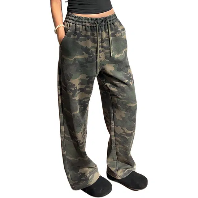 单爵 美式复古迷彩裤穿搭裤子显瘦拖地阔腿休闲裤 男女同款