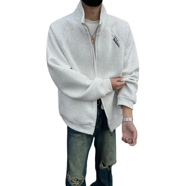 冈哉 立领开衫上衣字母刺绣长袖基础款轻便宽松松弛慵懒感个性学院风日常通勤柔软舒适亲肤卫衣 男女同款