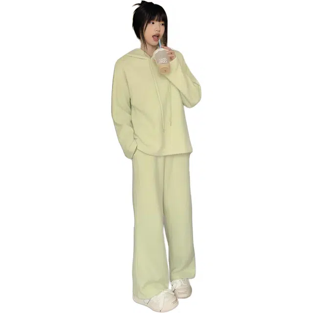 敲模女孩 法式慵懒风纯色宽松软糯毛绒连帽上衣高腰阔腿裤两件套休闲套装 女款