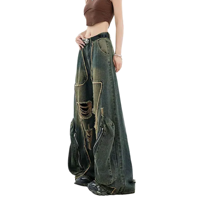 一碗士多 毛边破洞拉链大口袋水洗磨白做旧潮流美式高街复古时尚松弛感设计感强穿搭炸街嘻哈痞帅牛仔裤 男女同款