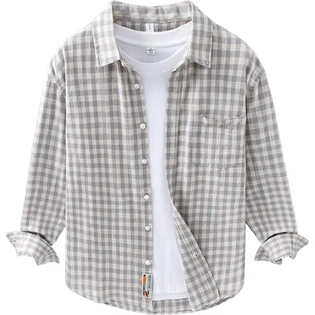 么宁 方格子宽松翻领衬衣舒适透气休闲外套个性时尚上衣百搭纯棉磨毛长袖衬衫 男女同款