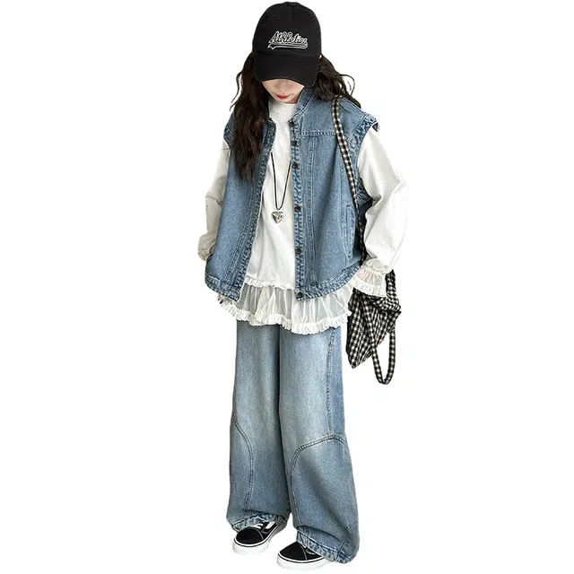 帕兰朵 休闲运动套装 女童春秋牛仔马甲洋气女中大童春装打底衫儿童阔腿裤三件套 青少年