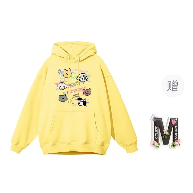 棉购 韩系卡通印花连帽上衣减龄休闲时尚潮流百搭基础款绒衫宽松卫衣 女款