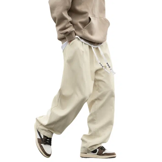 半空山 美式复古纯色简约基础款纯棉高品质垂感阔腿弯刀宽松柔软透气舒适百搭休闲裤 男女同款