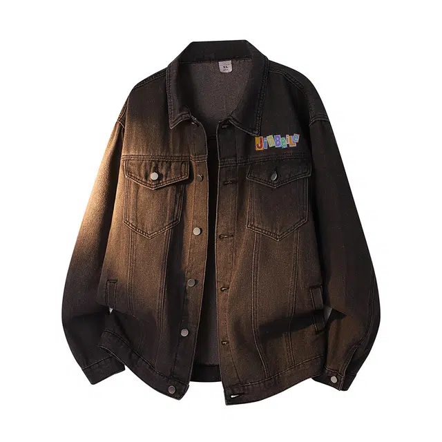 金贝勒 美式高街复古水洗做旧彩色字母印花慵懒学院风潮流痞帅无性别主义宽松休闲百搭牛仔外套 男女同款