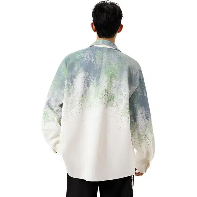 微牛 美式复古渐变扎染潮流百搭宽松休闲长袖外套衬衫 男款