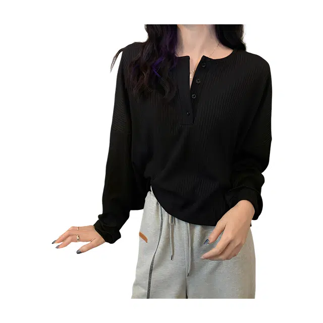 荟萃阁 韩版经典百搭设计坑条长袖打底衫上针织衫 女款