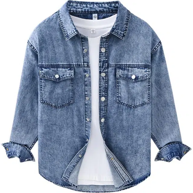 么宁 纯棉水洗长袖牛仔外套宽松翻领工装衬衣舒适透气休闲上衣个性时尚衬衫 男女同款