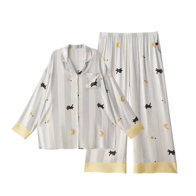 俏薇妮 春秋莫代尔棉带胸垫一体条纹猫咪长袖长裤家居服睡衣套装 女款