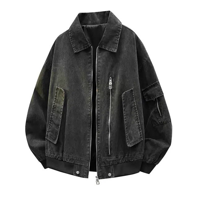 快鱼 美式高街复古经典设计感纯色做旧重水洗日常通勤宽松百搭痞帅翻领拉链休闲牛仔外套 男女同款