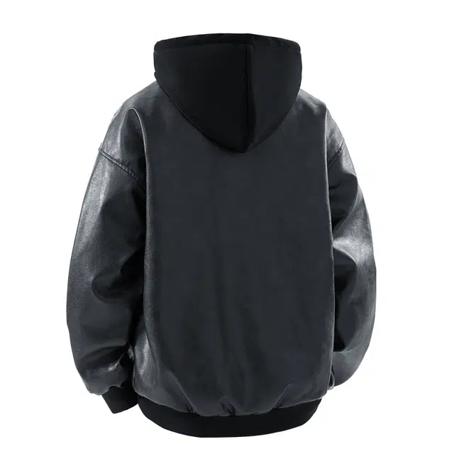 太子龍 假两件连帽外套男潮牌青少年皮夹克皮衣 男款