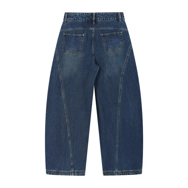 江南先生 大小孩乐园 式复古毛绒苹果别针分割宽松做旧百搭舒适阔腿裤休闲弯刀牛仔裤 男女同款