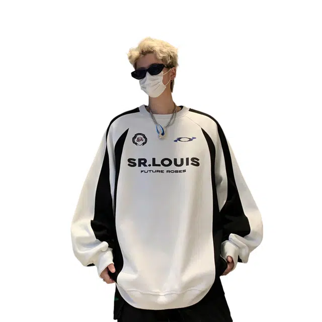 冈哉 字母印花撞色插肩圆领拼接设计美式学院风花帅机车高街上衣秋季高级感雅气复古慵懒卫衣 男女同款