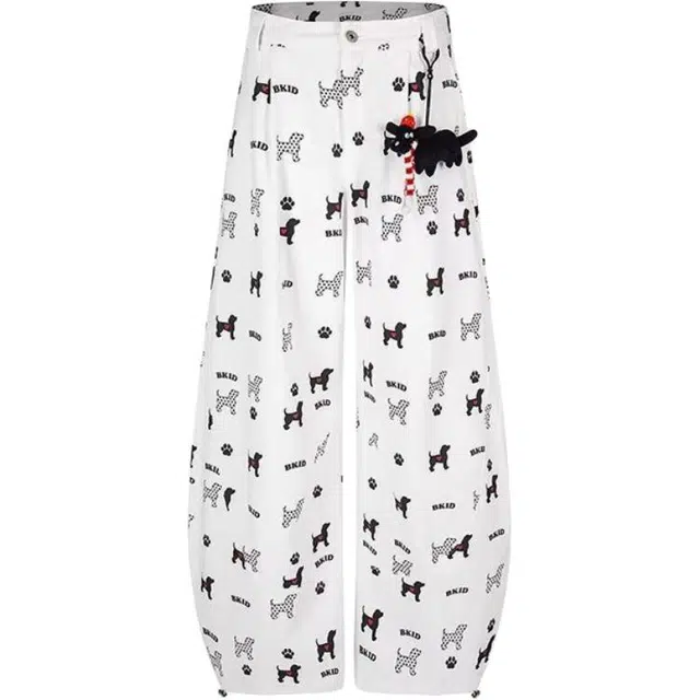 洞洞拐 原创设计感复古小狗印花宽松阔腿裤街头垂感弯刀长裤休闲裤 男女同款