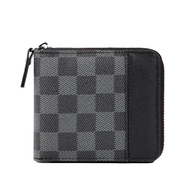 老人头 时尚潮流简约风格商务短款通勤棋盘格设计票夹钱夹 合成革 钱包 男款 黑色