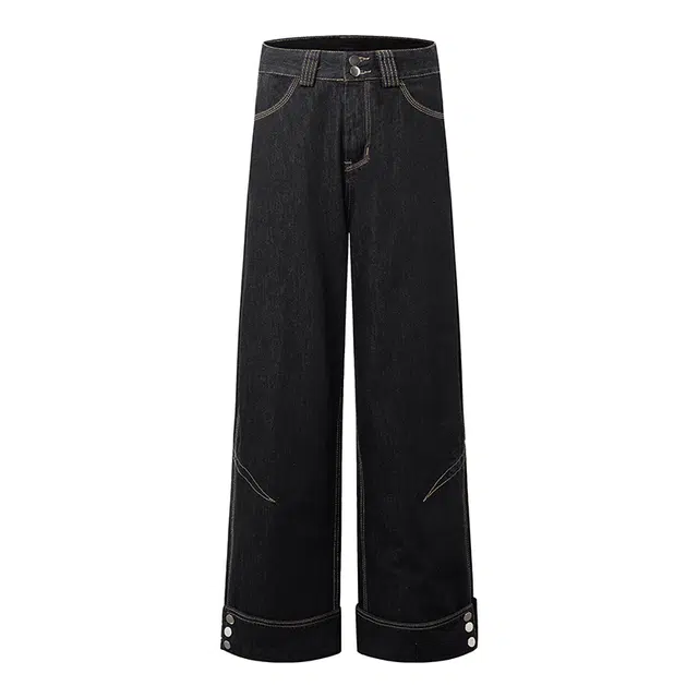 拾籍 时尚潮流宽松版型翻边设计复古高腰百搭款式拖地阔腿牛仔裤 女款