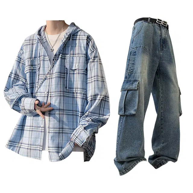 布客行 免搭配一套港风连帽开衫条纹格子高街休闲宽松衬衣外套美式复古直筒抽绳松紧腰微喇基础款柔软牛仔裤衬衫套装 男女同款