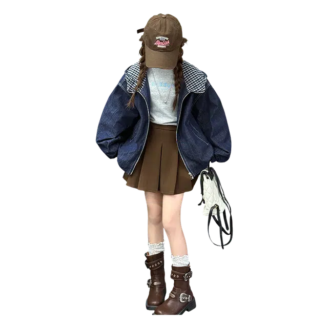 帕兰朵上装 潮流时尚百搭休闲运动格子连帽牛仔外套 青少年