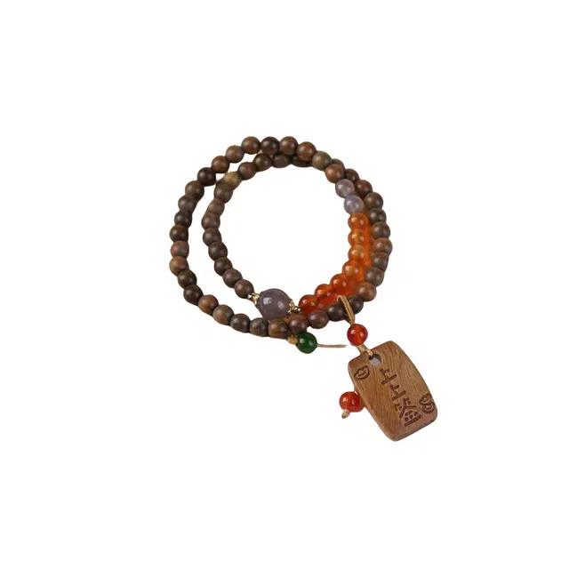 舞依翡 双圈文玩搭配上上签雕刻牌新中式国风佛珠素雅檀木手链#好运 绿檀 手串 女款