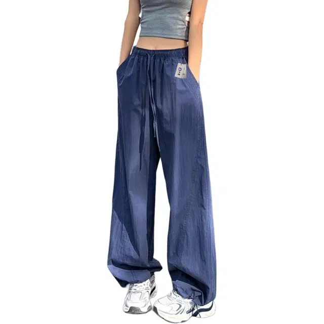 识恩 美式冰丝速干女夏季薄款宽松直筒休闲阔腿裤抽绳束脚运动裤冰丝速干夏季通勤风宽松高腰长裤工装裤 女款