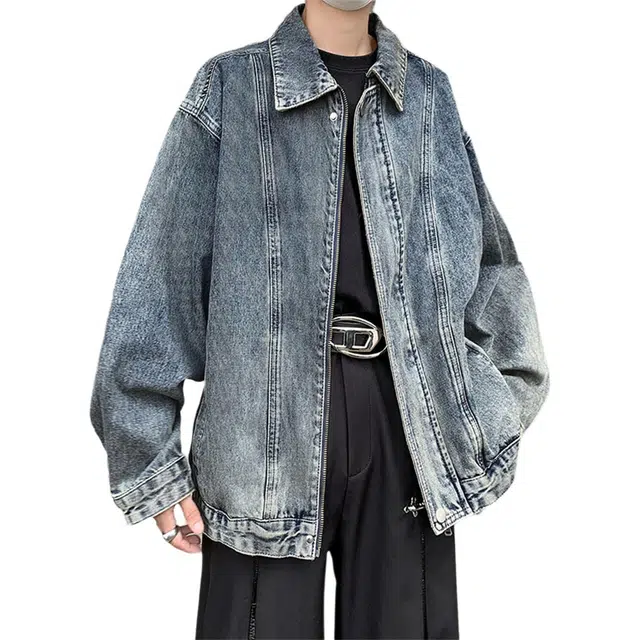 北极绒 潮牌拉链做旧街头水洗美式复古高街休闲翻领长袖牛仔外套 男款