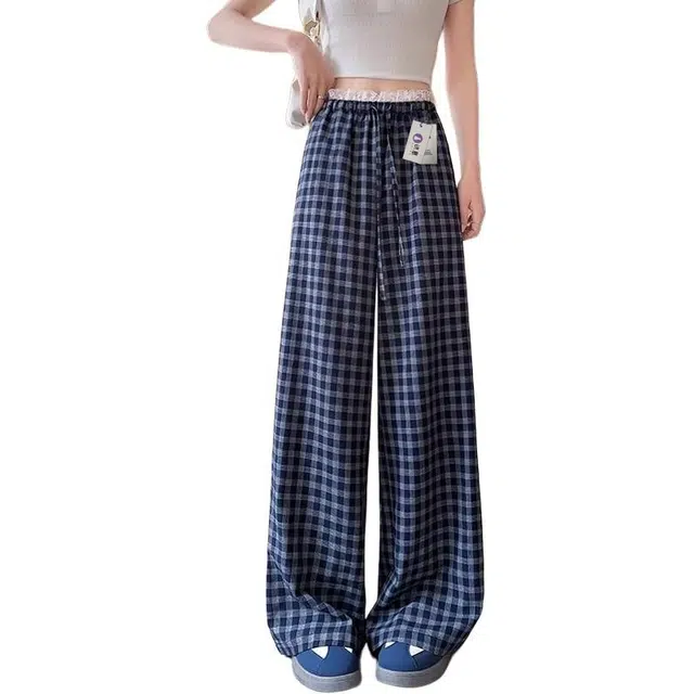 识恩 蕾丝花边拼接格子裤女夏季薄款宽松冰丝速干阔腿遛弯裤直筒蕾丝花边拼接格子通勤风宽松高腰长裤工装裤 女款
