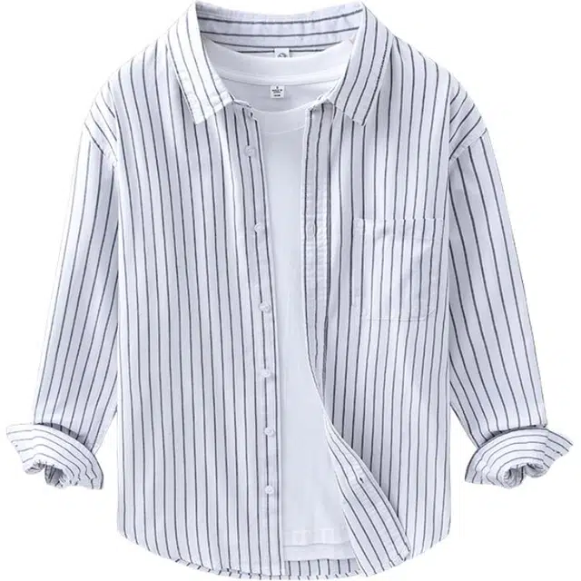 么宁 纯棉条纹长袖衬衣潮流时尚宽松翻领外套舒适透气休闲上衣个性文艺感衬衫 男女同款