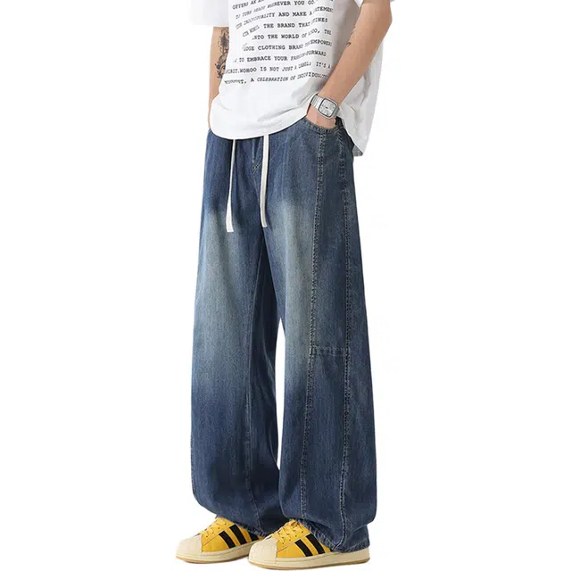 瑞梵帝斯 夏季冰感降温天丝 全松紧抽绳腰头 前幅破骨设计 莱赛尔面料超薄丝滑 透气垂顺抗皱亲肤 百搭时尚潮流直筒牛仔裤 男款