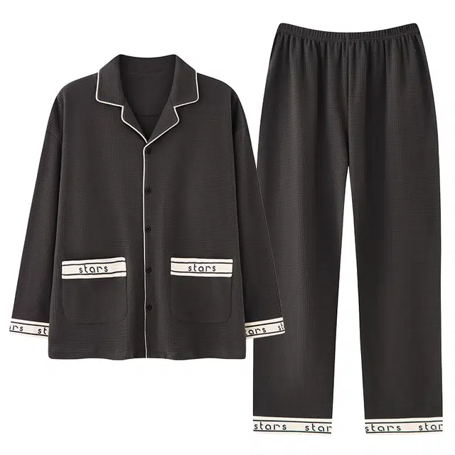 俏霓桐 春秋款时尚轻奢纯棉亲肤华夫格简约柔软长袖长裤家居服可外穿睡衣套装 男款