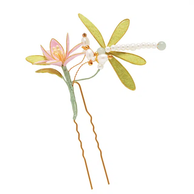 聆听花开 新中式个性新中式小蜻蜓花朵可爱超仙高级感汉服古装旗袍配饰头饰小清新蜻蜓钗子掐发钗手工仿绒花 合金 发簪 女款