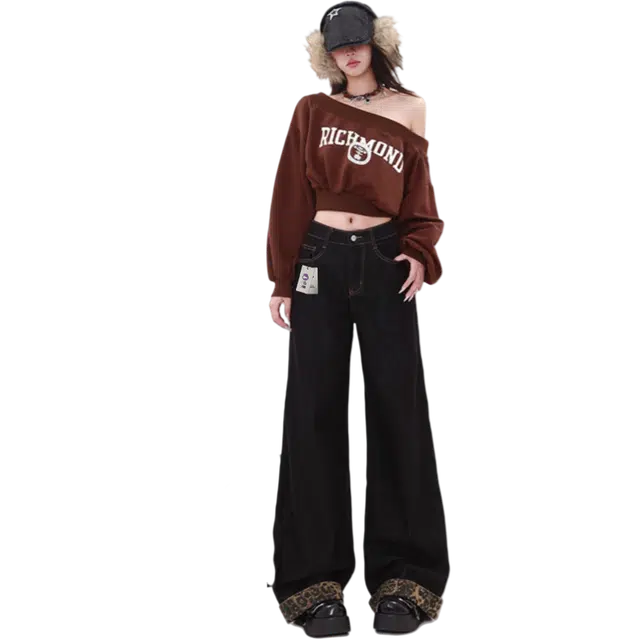 识恩 美式复古黑色豹纹阔腿女直筒宽松拖地卷边裤子牛仔裤 女款