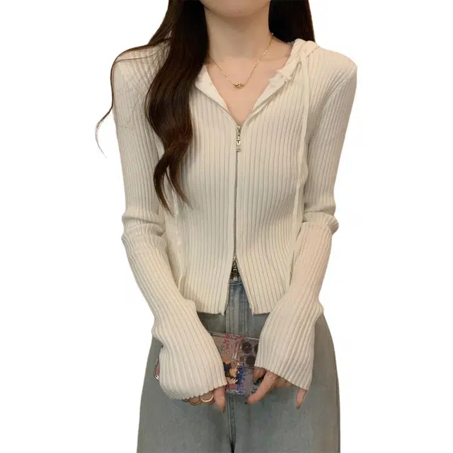 柏黛妃 韩系连帽拉链双头开衫针织衫 女款