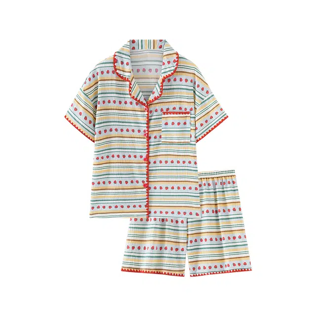 欧诗帛 夏季云朵棉高颜值可外穿甜美背心韩式草莓宽松家居服睡衣套装 女款