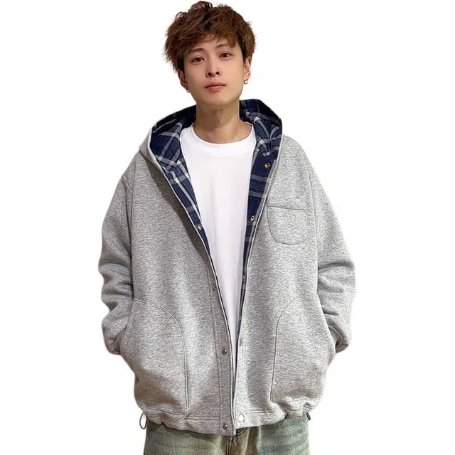 徐百货 美式高街潮牌百搭休闲复古开衫格纹夹克春秋季宽松连帽外套卫衣 男女同款