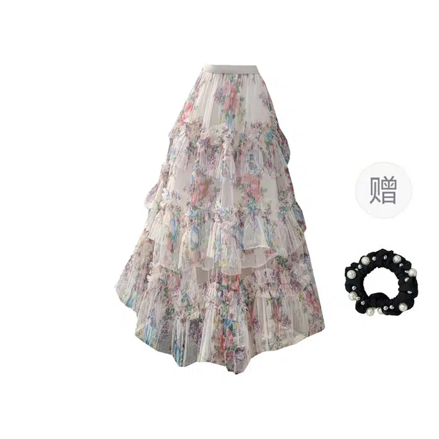雾闪闪 不规则印花高腰半身裙女大摆网纱显瘦温柔风休闲长裙 女款