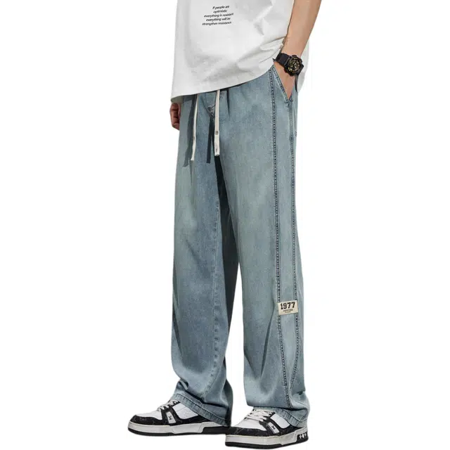 瑞梵帝斯 美式高街莱赛尔面料复古重工做旧水洗宽松直筒中腰显高显瘦休闲纯色潮流弹力感裤男生牛仔裤 男款