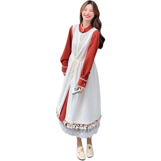 敲模女孩 新中式国风复古长袖连衣裙叠穿马甲背心裙裙装套装 女款