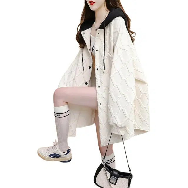 木清清 后包领加厚提花中长款连帽女士秋冬上衣外套卫衣 女款