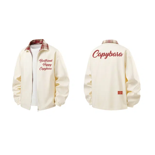 卡皮巴拉小黄豚 格子拼接翻领机能风山系户外性别主义飞行员背面字母印花登山露营时尚百搭防风防水宽松休闲拉链软壳长袖夹克外套 男女同款