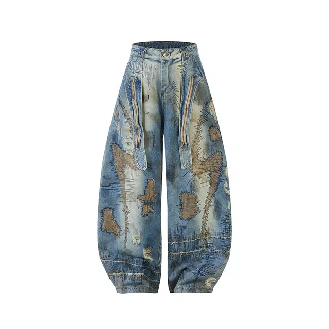 佐菲利 美式重工弯刀潮牌乱针刺绣裤子废土风阔腿长裤牛仔裤 男女同款