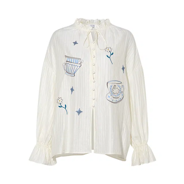 两三事 兔子茶话会 甜美兔子刺绣绑带长袖宽松衬衫 女款