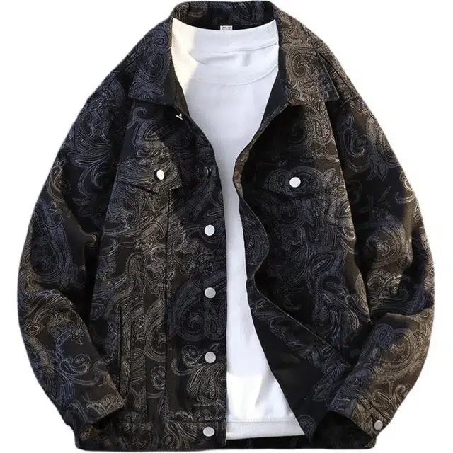 百胜狐 百胜狐淡雅民族风提花牛仔外套男士个性百搭休闲青少年上衣秋季夹克 男款